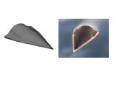 Schematic of carbon-carbon lifting-body shaped Hypersonic Glide Vehicle (left); an artist’s concept of this type of vehicle traveling within the atmosphere at hypersonic speeds (right).