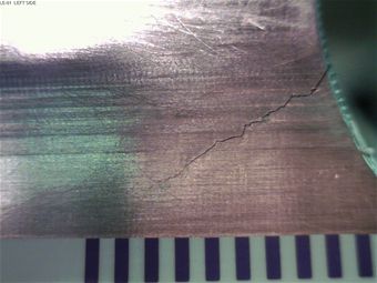 Sensors can detect and monitor cracks, such as the one pictured. (AFRL photo)