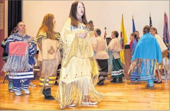 Members of the Miami Nation of Indians of Indiana demonstrate a traditional Native American blanket dance during a performance at the National Air and Space Intelligence Center on Nov. 7. The hour-long performance was held in recognition of National Ameri